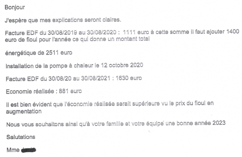 Témoignage d'une cliente satisfaite par les économies réalisées grâce à la pose d'une pompe à chaleur